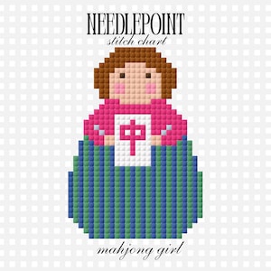 Mahjong Girl Needlepoint-mönster | Utskrivbart stygndiagram (digital nedladdning)