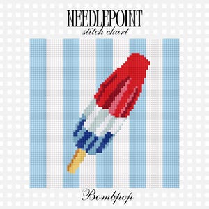 Könnte beinhalten: Kreuzstich-Diagramm mit einem pixeligen Bomb Pop Eis-Design. Das Eis hat rote, weiße und blaue Abschnitte auf einem hellblau-weiß gestreiften Hintergrund. Der Text "Needlepoint stitch chart" und "Bombpop" befinden sich oben und unten.