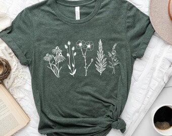 Wildflower Line Art Shirt - Botanical Graphic Tee, Spring Florals