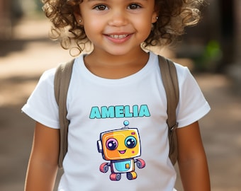 Camiseta personalizada con nombre para niño pequeño, diseño de robot, camiseta infantil personalizada