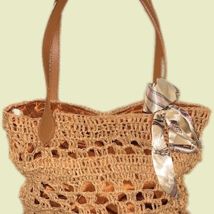 Bolso tote de rafia de crochet: bolso de playa bohemio tejido con asas de cuero