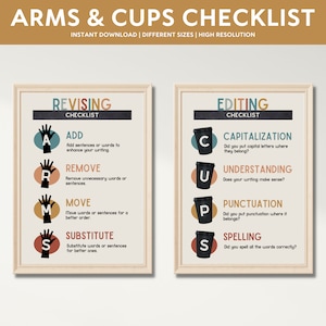 Póster imprimible con lista de verificación de BRAZOS Y COPAS, revisión y edición, estrategia de escritura, decoración del aula de inglés, materiales de aprendizaje, recursos didácticos