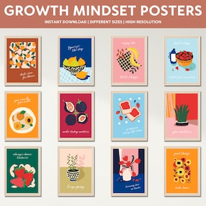 Conjunto de pôsteres para impressão de mentalidade de crescimento com 12, decorações de sala de aula de ensino fundamental e médio, afirmação positiva, pôsteres estéticos modernos