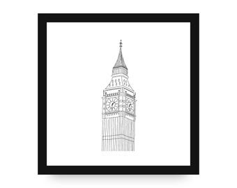 Big Ben Digital Art Print, Minimalist Wall Decor, Black and White Sketch, London Landmark Poster