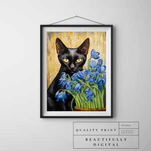 Vincent Van Gogh&#39;s Irises Cat Print, Printable Wall Art, Black Cat Decor, Botanical Art, Funny Print, Surreal Cat Portrait, Digital Download