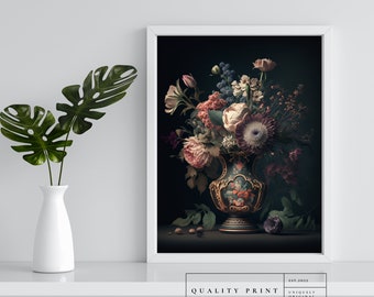 Moody Flower Printable Wall Art - vintage Floral, Antique Art Print, Victorian Wall Decor, Botanical Oil Painting, Dark Art Nouveau