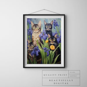 Floral Cat Wall Art, Cute Vintage Cat Print, Vincent Van Gogh&#39;s Irises Cat Art, Original Painting, Digital Download, Instant Download