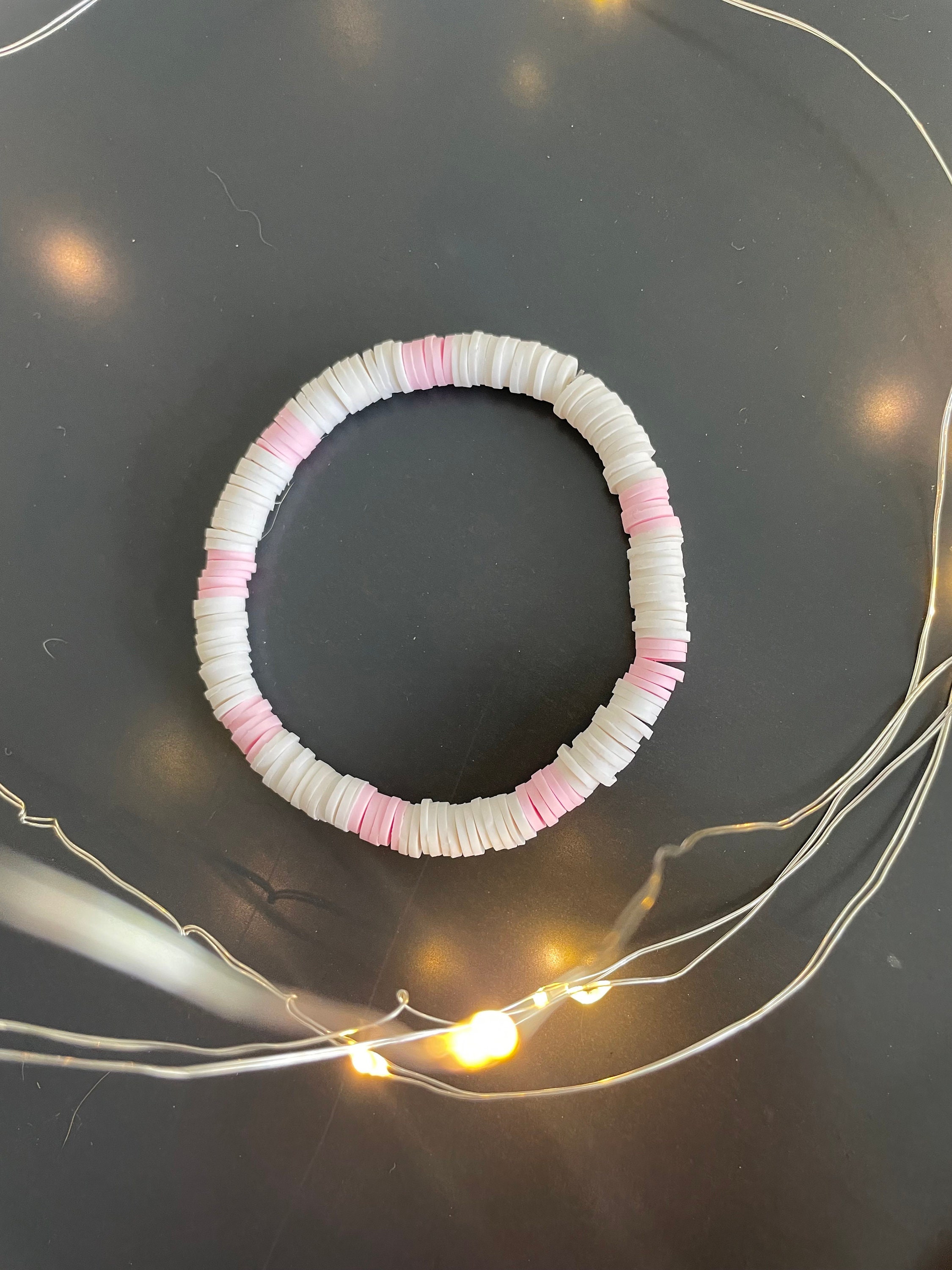 Clay Bead Stretch Bracelets in Pink, Maroon, and White; Green and White; Light Pink and White