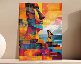 Easter Island Moai Statue Poster: Vibrant Mixed Media Art (Digital Download)