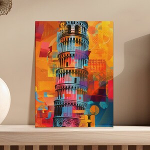 Könnte beinhalten: Abstrakter Kunstdruck mit einer farbenfrohen Darstellung des Schiefen Turms von Pisa. Der Turm ist in Blautönen, Grün- und Orangetönen dargestellt, mit einem Hintergrund aus geometrischen Formen in Gelb, Rot und Orange.