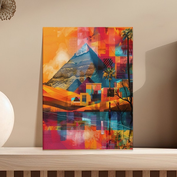 Vibrant Pyramid of Giza Mixed Media Artwork: A Modern Collage of Textures & Patterns Poster for eclectic style lovers, instant download