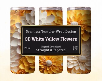 3D Floral Tumbler Wrap: White & Yellow Seamless Design (Digital Download)
