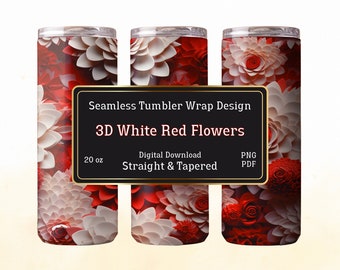 3D Red and White Floral Tumbler Wrap: Seamless 20 oz Design (Digital Download)
