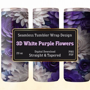 3D White & Purple Floral Tumbler Wrap: Seamless 20 oz Design (Digital Download)