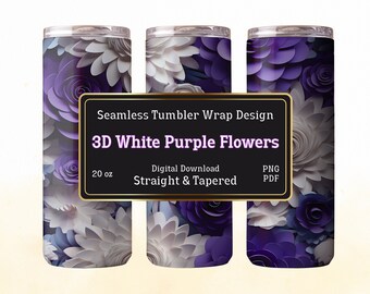 3D White & Purple Floral Tumbler Wrap: Seamless 20 oz Design (Digital Download)