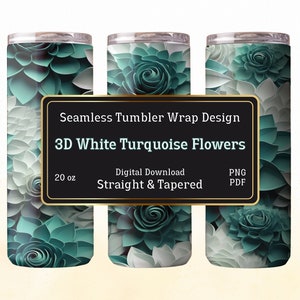 Floral Tumbler Wrap: 3D White Turquoise Design (Digital Download)