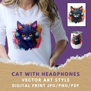 Chat coloré avec des cliparts casque, téléchargement numérique, sublimation, PNG et PDF, art mural en différentes tailles