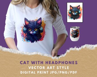 May include: A black cat with yellow eyes wearing headphones, surrounded by colorful watercolor splatters. The cat is the main focus of the image, with the headphones and splatters adding a playful and artistic touch.
