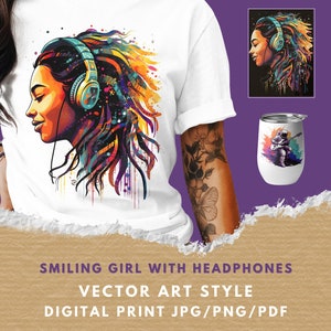 Puede incluir: Una ilustración vectorial colorida de una persona con auriculares, sobre un fondo blanco. La imagen está en un estilo de arte vectorial y es adecuada para la impresión digital.