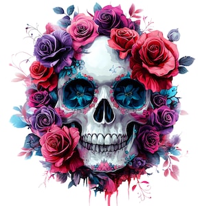4 Floral Skull Sublimation Cliparts (SET 2), Gothic Rose Skull Designs, Transparent PNG, 300 DPI, Digital Download