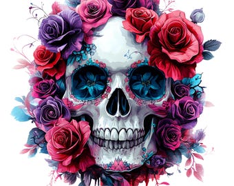 Conjunto de imágenes prediseñadas de calaveras florales: diseños de rosas góticas (descarga digital, archivos PNG/JPG de 300 DPI)