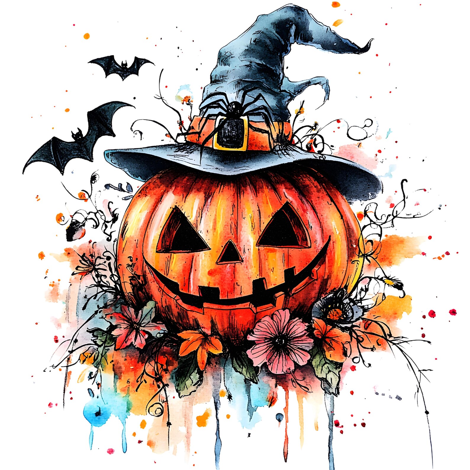 Watercolor Halloween Pumpkin Clipart Set: Witch Hat, Bats, Autumn ...
