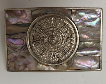 Hebilla de cinturón vintage con calendario azteca, concha de abulón, alpaca, plata, México, piedra solar, estilo western boho.