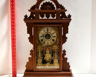 Antike Seth Thomas Eclipse Kaminuhr: Geätztes Glas, Original Schlüssel, Glockenspiel, Läuft nicht