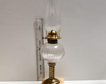 Antique Victorian Oil Lamp: Ribbed Glass, Bronze Stem, Marble Base