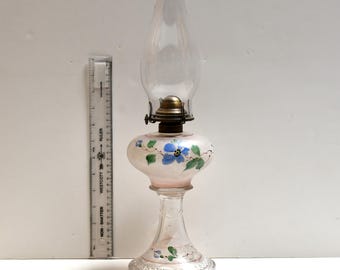 Antique Hand-Painted Floral Oil Lamp: Frosted Pink Glass, B&P Burner, 1880s