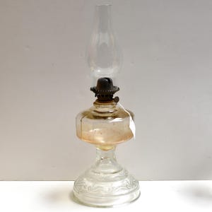 Antique Glass Oil Lamp with Embossed Scroll Base & Octagonal Font – Early 1900s