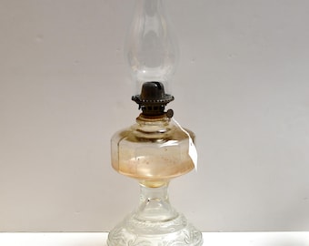 Antique Glass Oil Lamp with Embossed Scroll Base & Octagonal Font – Early 1900s
