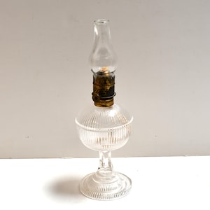 Vintage Ribbed Glass Pedestal Oil Lamp with Brass Burner and Chimney - Early 1900s