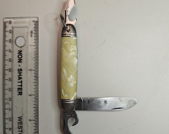 Vintage Imperial USA Pocket Knife – Cracked Ice Celluloid Handle – Multi-Tool Jack Knife, 1940s–50s