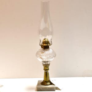 Antique Ribbed Glass Oil Lamp: Brass Stem & Marble Base, Late 1800s