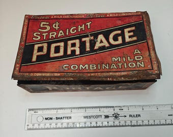 Early 20th-century American cigar tin advertising Portage 5c Straight Cigars, manufactured by C. N. Foreman Co., Red Lion, Pennsylvania