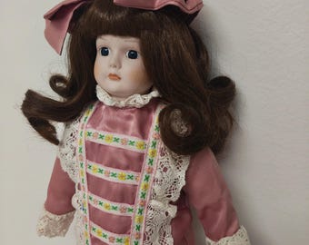 Vintage Porcelain Doll Pink Victorian Dress Lace 17” Girl Original Box Decorative Collectible