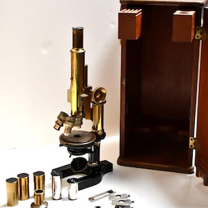 Antique Bausch and Lomb Brass Microscope with Case, Lenses & Polarizing Set (c.1897)