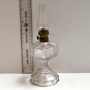 Antique Miniature Octavia Pattern Glass Oil Lamp – 8&quot; Tall Vintage Kerosene Lamp – Clear Pressed Glass with Burner & Chimney