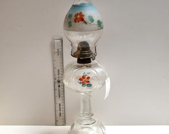 Antique Hand-Painted Glass Stand Oil Lamp – Floral Panel Font & Matching Shade, Early 20th Century