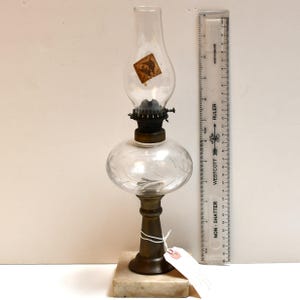 Antique Etched Glass Oil Lamp: Brass Stem & Marble Base, c. 1860s
