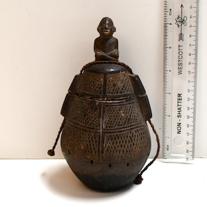 Antique African Tribal Vessel: Hand-Carved Wood Container with Figure Lid