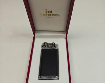 IM Corona Old Boy Pipe Lighter Black Chrome Japan Windproof NOS w Box
