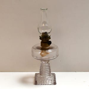 Vintage Pressed Glass Oil Lamp with Ribbed Pedestal Base | Functional Kerosene Lamp | Early 20th Century Lighting