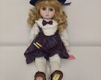 Vintage Brinn’s “Memories” Porcelain Doll 1986 Musical Purple Dress w/ Box COA Collectible