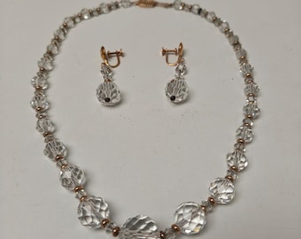 Vintage Crystal Necklace Earrings Set Gold Filled 16.5” Faceted Beads Bridal