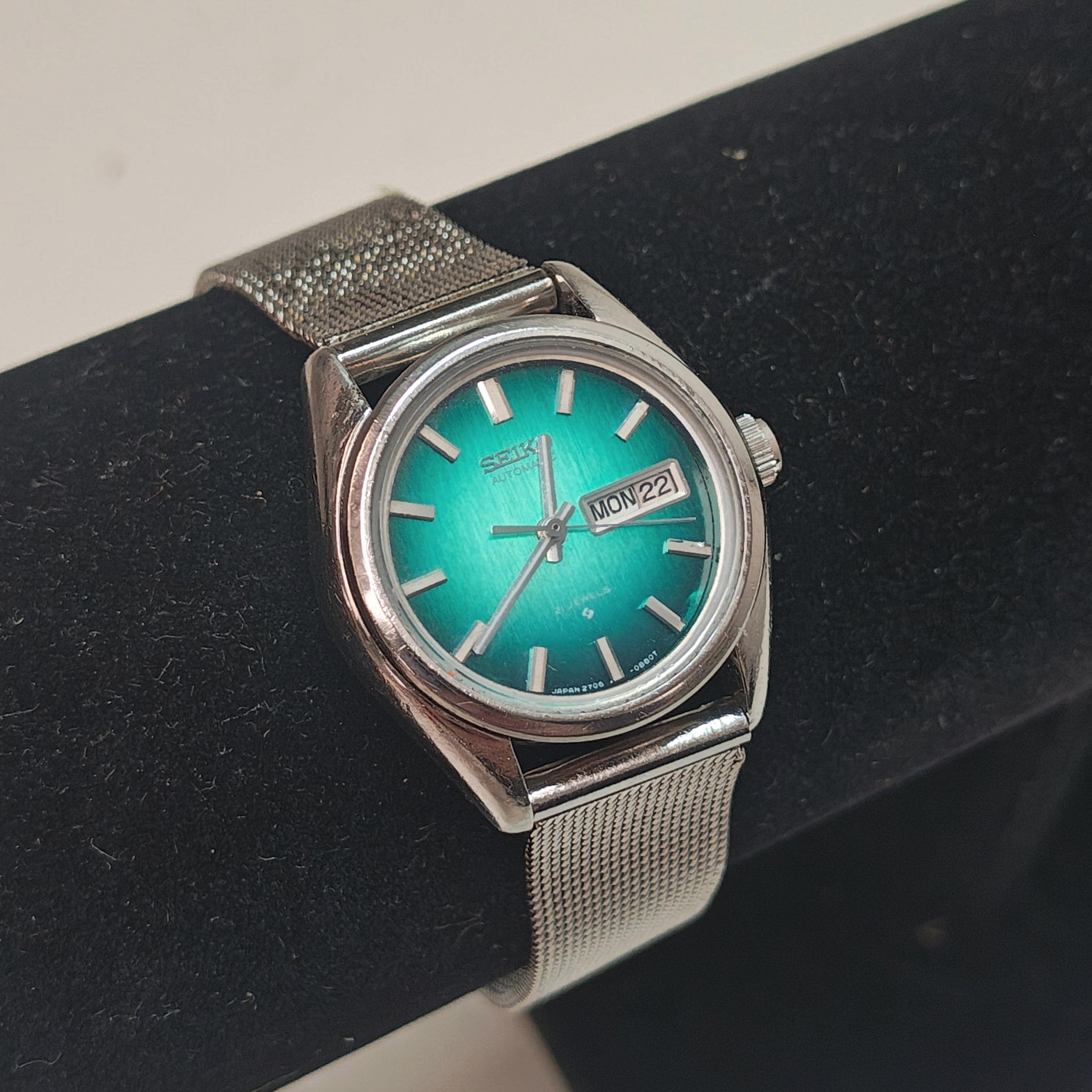 【稼働/1977年製】セイコー 4336-7000 デイデイト グリーン文字盤 Vintage Seiko Women's Automatic Watch Teal Sunburst Dial Day Date