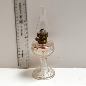 Vintage Glass Oil Lamp with Fish Scale Base – Miniature Pedestal Kerosene Lamp – Brass Burner & Chimney – 8&quot; Tall