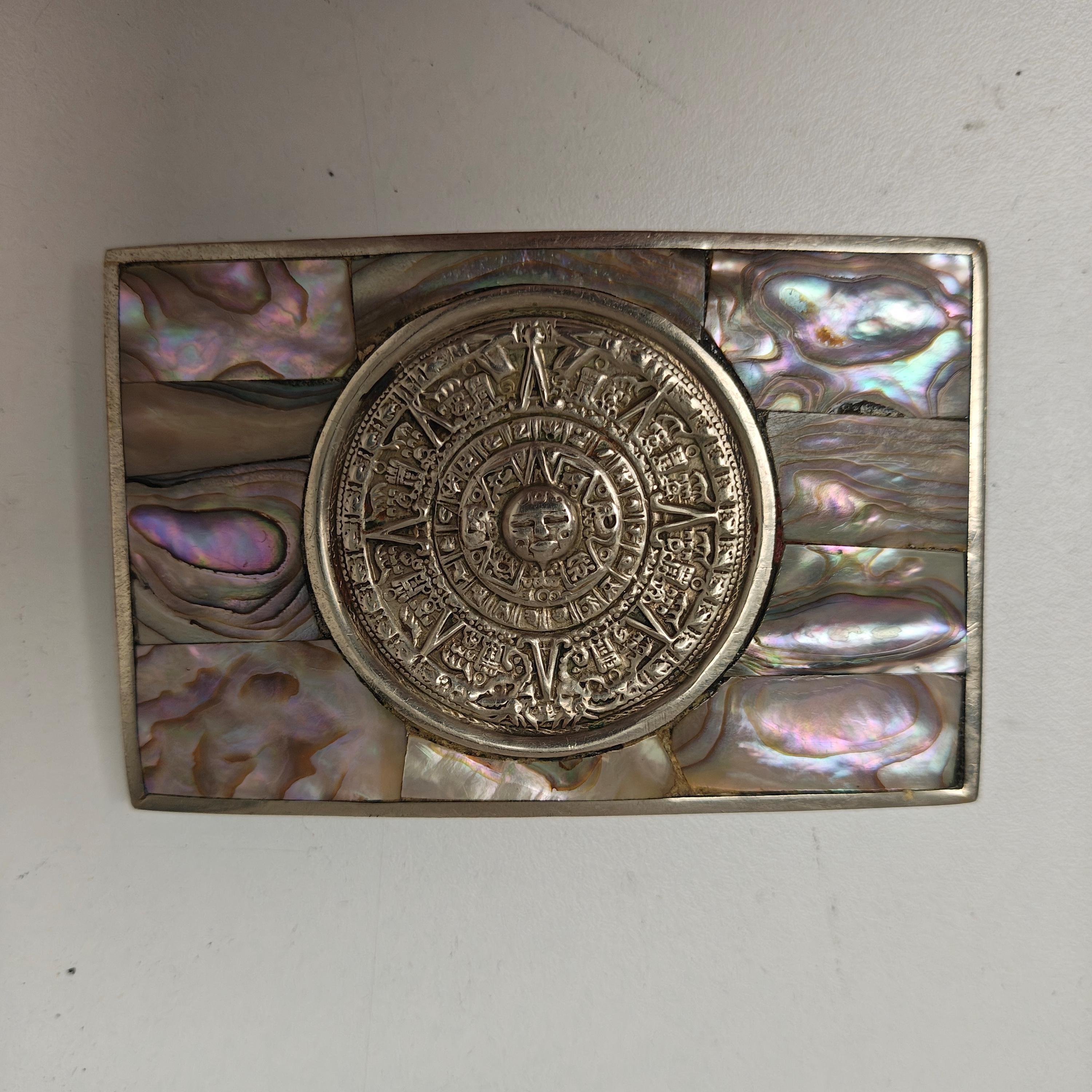 ✨ Bold Southwestern Handcrafted Alpaca Silver Belt Buckle – Made in Mexico ?? Vintage Alpaca Silver Southwestern Style Belt Buckle Signed  main image 2