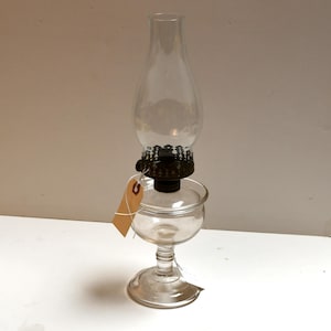 Antique Clear Glass Oil Lamp with Pedestal Base – Metal Collar & Chimney – Vintage Kerosene Lamp – Farmhouse or Rustic Decor